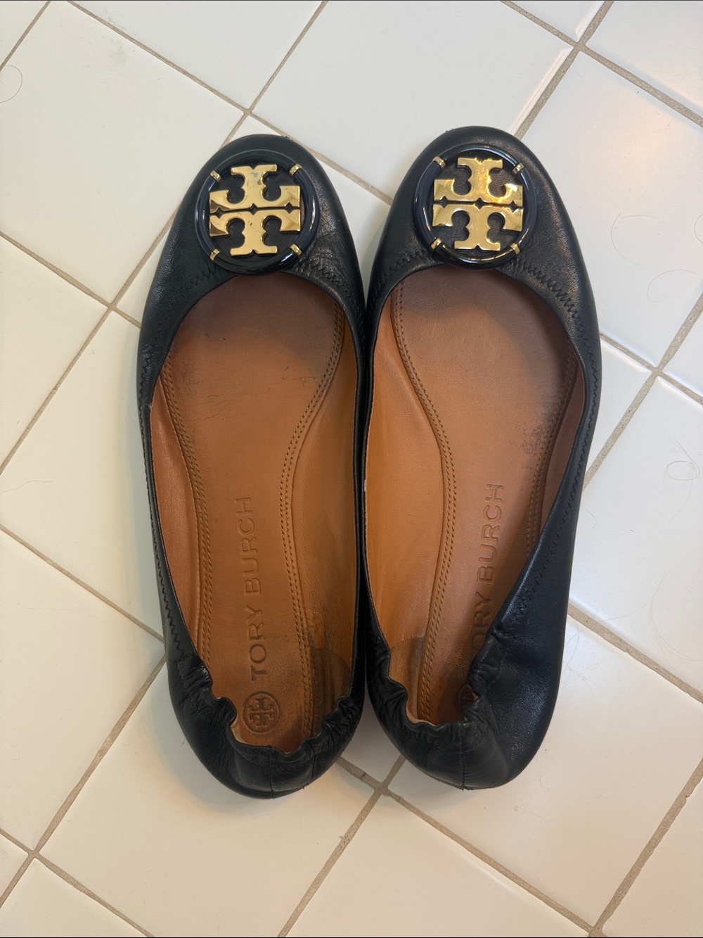 Tory Burch Black Leather Logo Medallion Ballet Flats